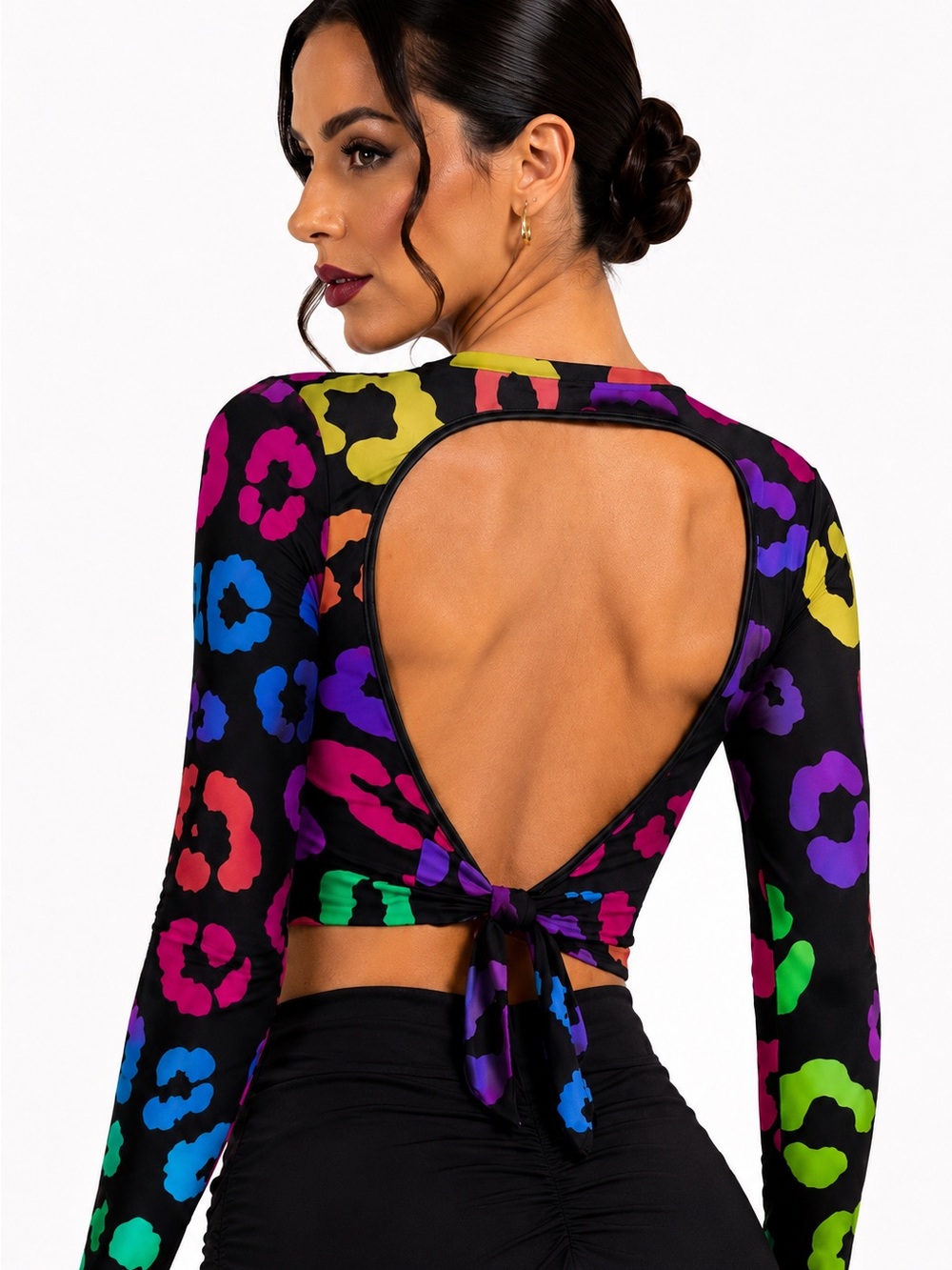 Open-Back Tie Crop Top in Multicolor Leopard Print